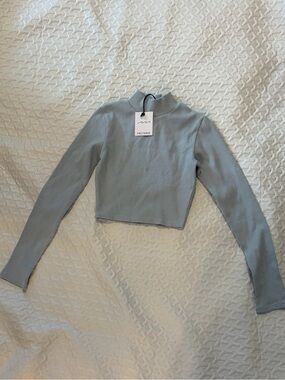 Factorie Dusty Blue Ribbed Long-Sleeve Mock Neck Crop Top